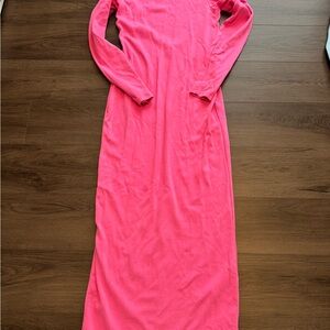 Bright Pink Long Sleeve Maxi Dress with Open Back